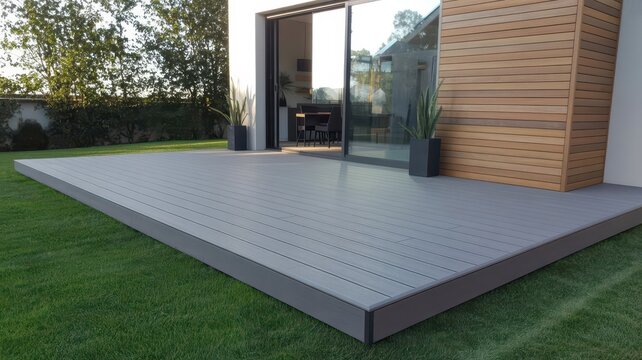 Modern patio with grey composite decking in a garden