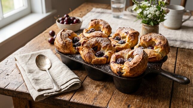 Rustic Wooden Table Setting with Vintage Cast Iron Pan Filled with Golden Puffed Cherry Popovers for Cherry Popover Day Celebration