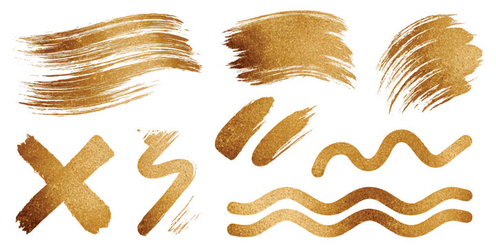 Abstract luxury golden glitter brush strokes and metallic foil paint smear textures collection template banner vector illustration.