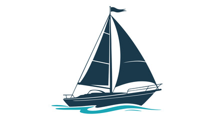 Fototapeta premium Sailboat Icon with Blue Hull and White Sails on Teal Waves in Minimal Flat Vector Style Featuring Sailing, Ship, Yacht with Nautical and Maritime
