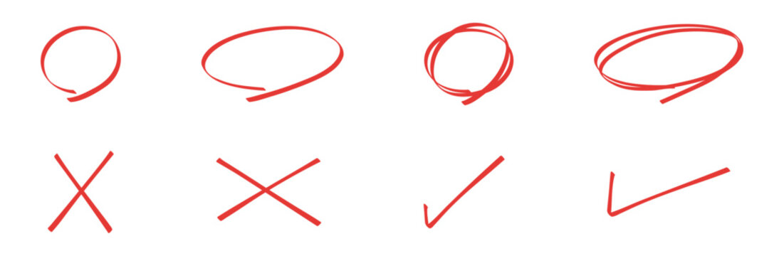 赤ペンで描いたような手書きの丸とバツとチェックマークのイラストセット