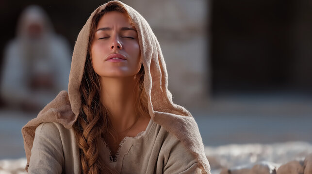 Hannah praying in the temple, biblical scene of devotion, faith, and heartfelt petition, sacred and serene atmosphere