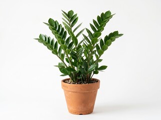 Fototapeta premium ZZ Plant Zamioculcas Zamiifolia in Matte Terracotta Clay Pot on White Background for Interior Home Decor and Minimalism Branding