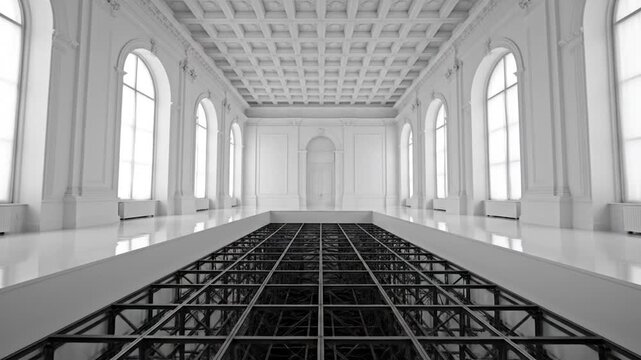 Minimalist white classical hall with large arched windows and a black rectangular floor grate