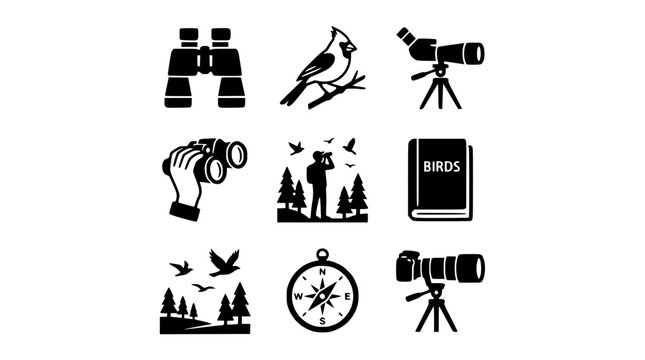 Travel icons depict a nature exploration scene with a bird, binoculars, and a compass on a forest trail.