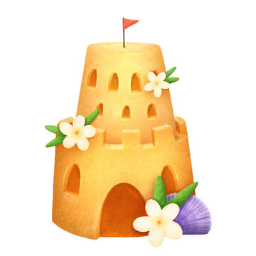 A watercolor illustration of a sand castle with plumeria flowers and a seashell. Hand drawn in a simple, childlike style, perfect for cards and books.
