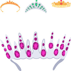 Obraz premium Assortment of decorative tiaras and crowns, adorned with colorful gems, diamonds, and precious stones, illustrating luxury, royalty, celebration, and elegant headwear