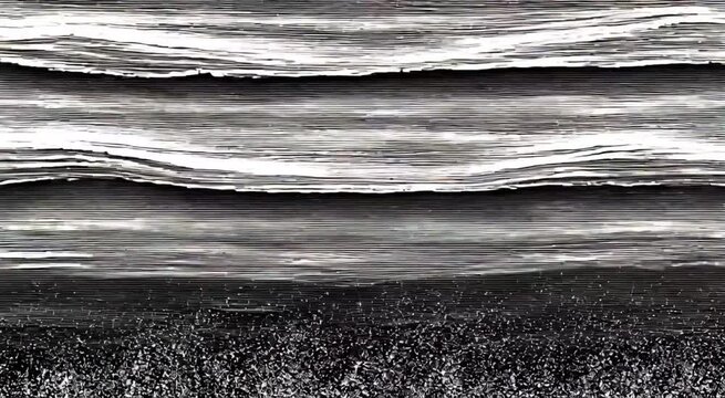 A black and white texture of a wave on the beach resembles a pile of old newspapers, documents, and magazines stacked in a business office media file