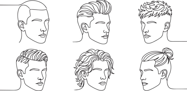 Vector hairstyle icons, men's and women's head silhouettes, haircut profiles, line art illustrations, 6 styles