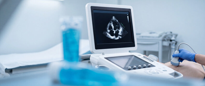Medical ultrasound echocardiogram examination showing heart imaging on diagnostic monitor in clinic
