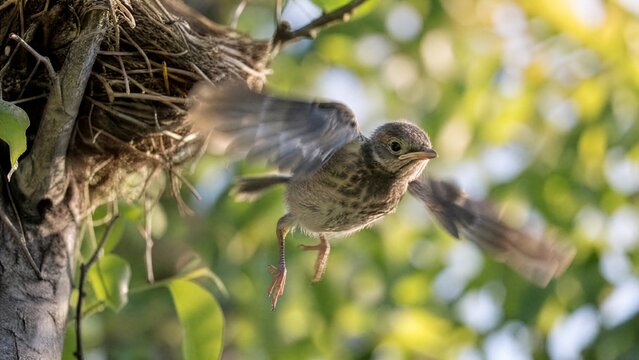 fledgling. A young bird's first flight attempt, wings flapping as it descends. wildlife magazines, conservation campaigns, designed for eco-tourism storytelling and wildlife conservation campaigns.