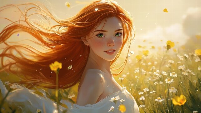 redhead woman in flower field