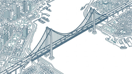 Obraz premium Detailed Architectural Drawing of a Suspension Bridge Connecting Two Cityscapes.
