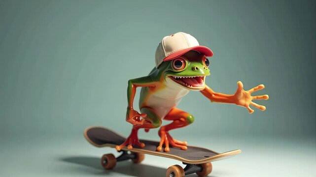 Colorful cartoon frog wearing a cap balances on a skateboard, showcasing dynamic movement and playful expression in a minimalist studio setting