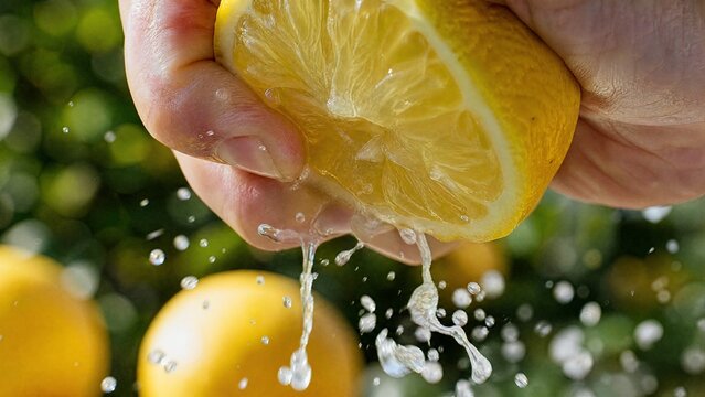 sudden. Fresh lemon being squeezed with droplets of juice caught mid-air. menu design, packaging mockups, designed for food delivery and cloud-kitchen brand materials, used by architects.