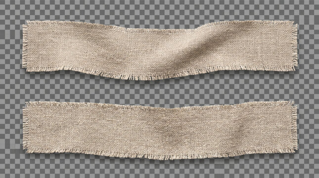 Realistic burlap fabric strips with frayed edges and texture isolated on transparent background. Set of rustic sackcloth banner elements for vintage design, canvas labels, and textile ribbons.