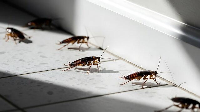Several brown roaches scurry across tiled floor, near a white wall, in natural light