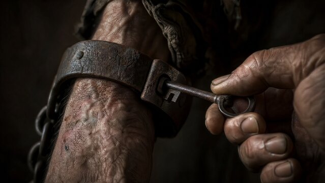 restraint. Weathered wrists with a manacle being unlocked. wellbeing guides, coaching materials, mindfulness programs, designed for coaching and self-improvement content, used by fitness trainers.