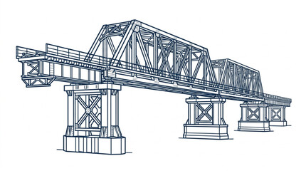 Detailed illustration of a steel truss railway bridge with train. © yuno