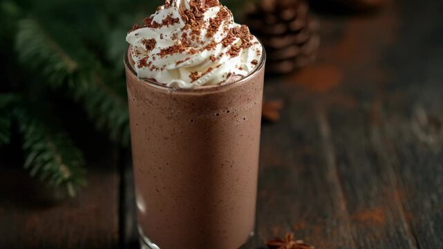The preparation of a winter drink featuring chocolate and cream. The drink is topped with whipped cream and spices. The setting includes pine cones and greenery for a warm atmosphere