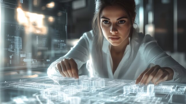 woman engineer working on futuristic holographic interface