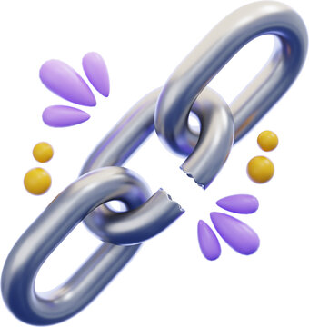 Link Error 3D icon. broken metal chain link with purple sparkle dots around it. used for broken URL and hyperlink failure concept. web and app error state design element