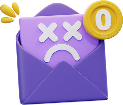 Empty Inbox 3D icon. open purple envelope with cross mark eyes and zero badge on top. used for no message and empty mail state. email and messaging app design element