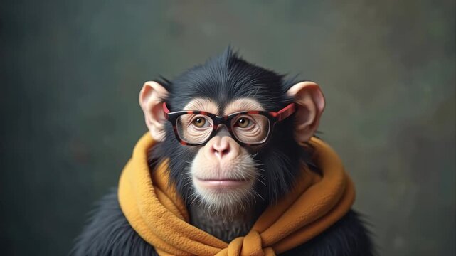 Monkey wearing glasses and an orange hoodie poses for the camera, showcasing a thoughtful expression against a softly blurred background