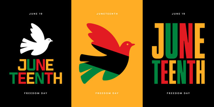 Juneteenth Freedom Day Illustration Set with Juneteenth Typography and Dove Bird in Pan-African Flag Colours. Juneteenth Vector Illustration Set for Poster, Card, Cover, Banner, Social Media.