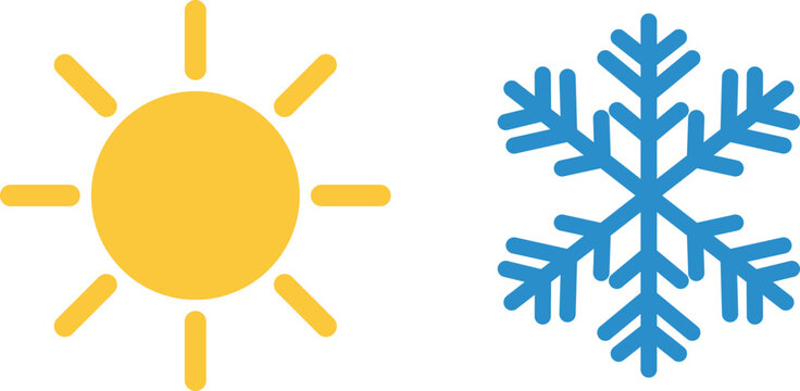 Yellow sun and blue snowflake symbolizing hot and cold weather contrast
