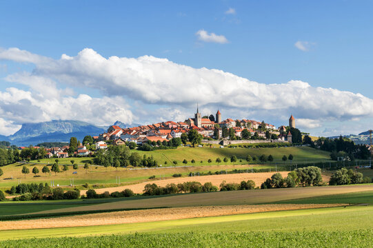 Panorama image of old Swiss town Romont, built on a rock prominence, in Canton Freibourg, Switzerland