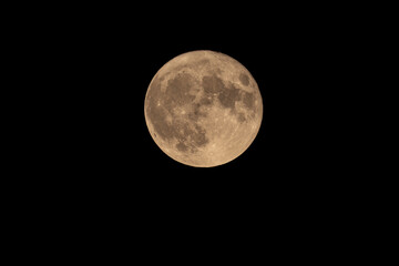 Obraz premium Super detailed full moon isolated on pitch black night sky background, sharp view of lunar craters and surface.