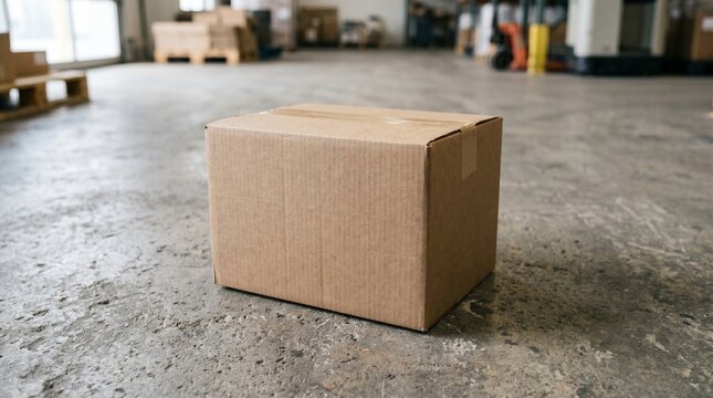 A simple, closed cardboard box sits on a concrete floor in a warehouse setting