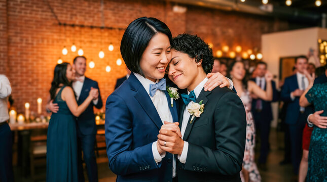 Same-sex couple in formal attire dancing together at a wedding reception, warm lighting and elegant decor create a romantic atmosphere in the background