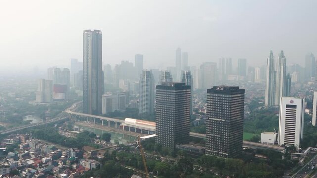 High panoramic landscape overlooking a modern mega city downtown with glass structures