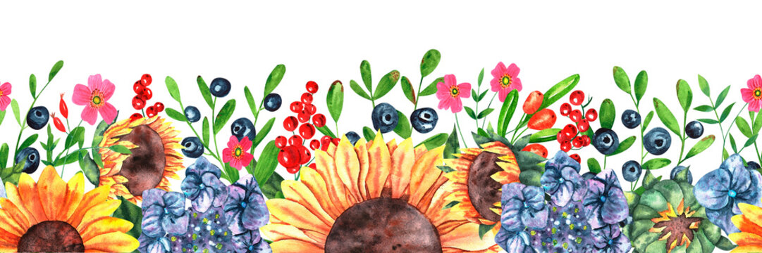 Seamless border with sunflowers, hydrangea, blueberries, sea buckthorn, and red currants on an isolated background. Hand-drawn botanical watercolor illustration on an isolated background.