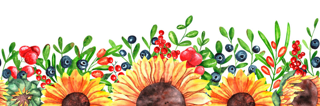 A seamless border with sunflowers, blueberries, lingonberries, red currants, and sea buckthorn on an isolated background. Hand-drawn botanical watercolor illustration on an isolated background. Banner