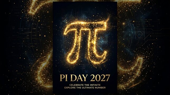 Luxurious golden pi symbol made of shimmering particles glowing against a dark futuristic digital background celebrating pi day 2027 with a sense of infinity and exploration