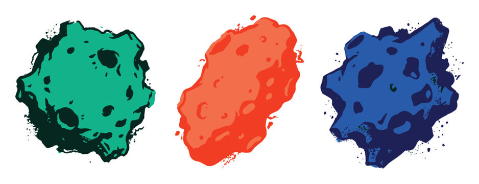 Abstract asteroid shapes in vibrant colors isolated white