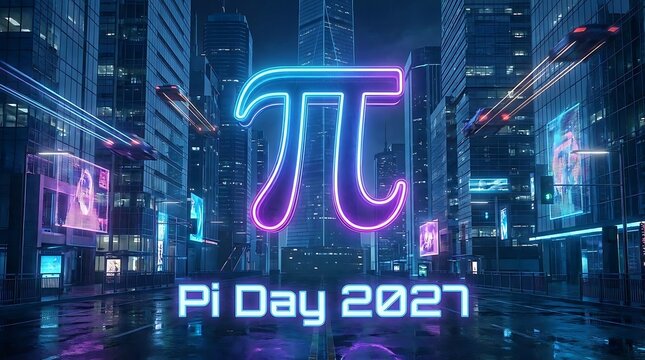 Futuristic neon pi symbol illuminates cityscape on pi day 2027 with vibrant blue and pink hues