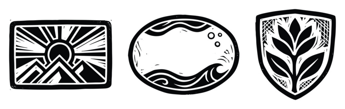 Abstract frames and shield in woodcut style element