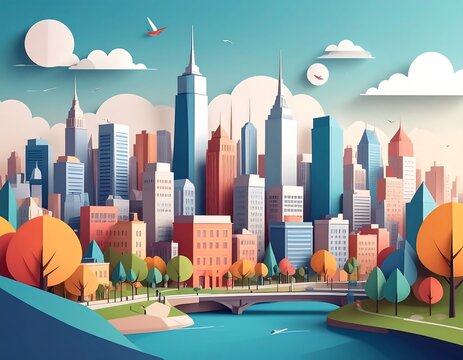 Colorful Modern City Skyline Rising Above River Park in Paper Cut Style