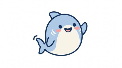 Naklejka premium Adorable Chubby Blue Shark Character Waving Hello with Cute Smiling Face and Pink Cheeks
