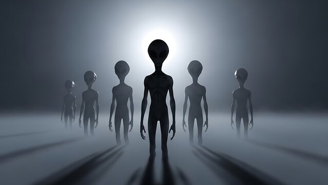 Silhouetted alien figures stand amidst a smoky, atmospheric backdrop with a bright light source
