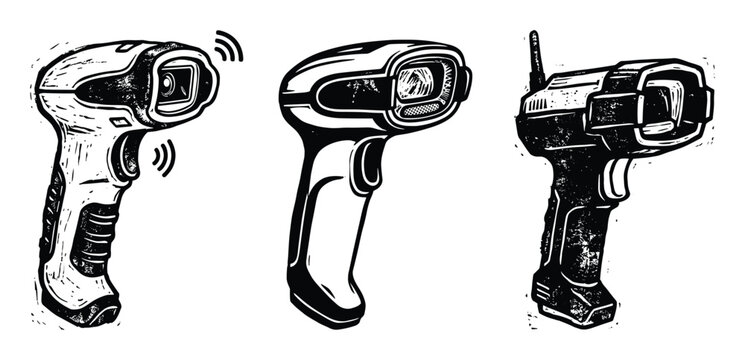 Barcode scanner icons set in hand drawn linocut style collection