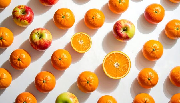 Vibrant Citrus and Apple Fruits Arranged on White Background in Bright Sunlight