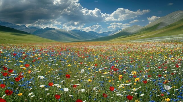 A peaceful, open field with wildflowers in full bloom, representing the world coming together to defeat tuberculosis