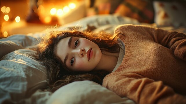 girl lying in bed warm light cozy atmosphere
