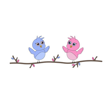 Spring concept. Vector Spring Birds on the tree branch isolated transparent background. Cute Coquette Spring art kids room decor t-shirt print design. EPS 10