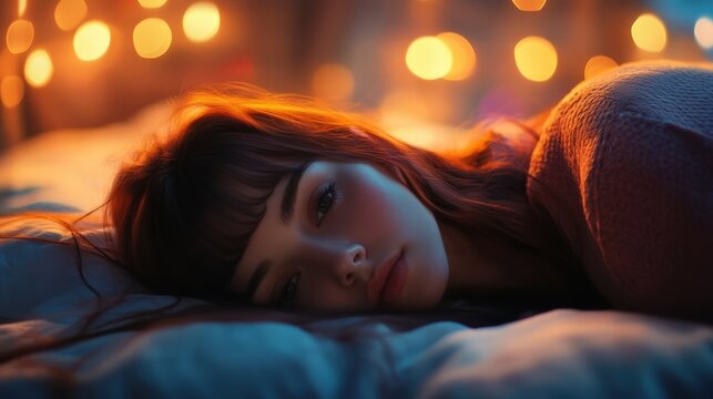 woman resting in bed with warm lighting